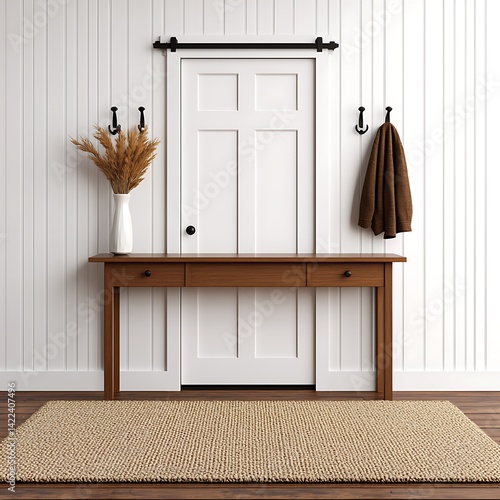 Obraz na płótnie Entryway Interior Design with Sliding Door, Wooden Console Table, and Natural Fiber Rug for Home Decor Inspiration. w salonie