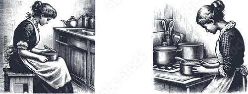 Set of Engraving Designs Featuring a Housewife Sitting in the Kitchen – Detailed Line Art for Laser Engraving housewife, kitchen,  illustration, engraving, monochrome, cooking, domestic,vector