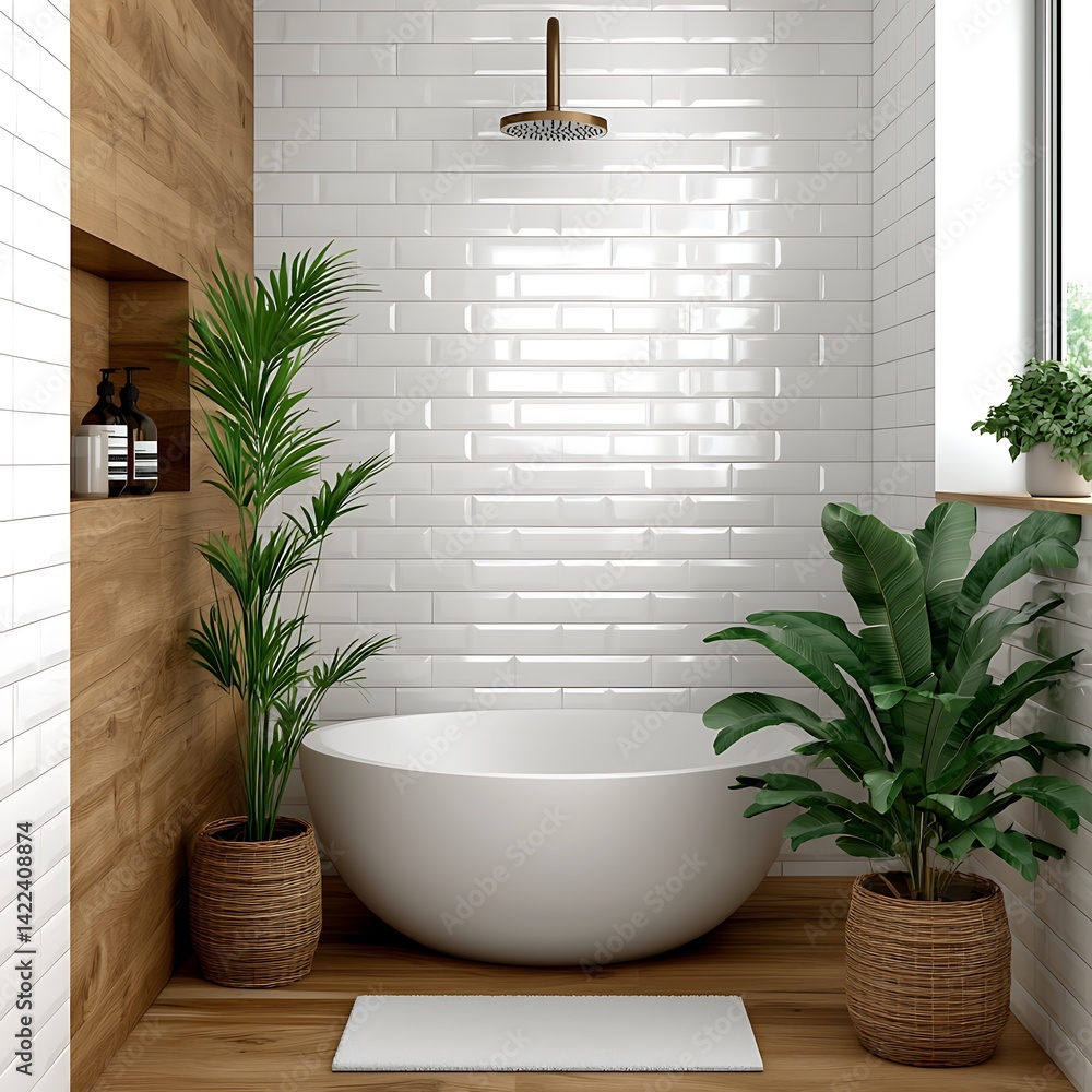Minimalist Bathroom Design with White Bathtub, Wooden Accents, and Green Plants for a Relaxing Home Spa Experience