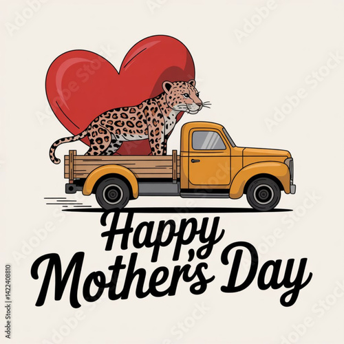  Illustration of a vintage truck carrying leopard heart.  Happy Mothers Day Greeting Card Template with the inscription isolated on white background.