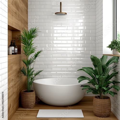 Obraz na płótnie Minimalist Bathroom Design with White Bathtub, Wooden Accents, and Green Plants for a Relaxing Home Spa Experience w salonie