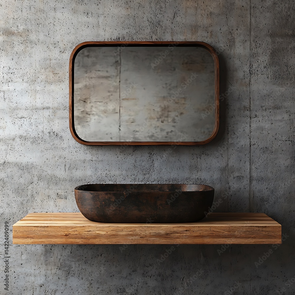 Minimalist Bathroom Interior Featuring a Wooden Sink on a Shelf with a Mirror Against a Concrete Wall.