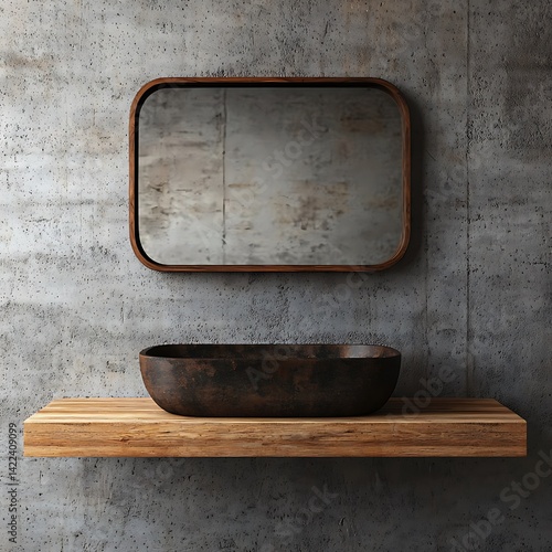 Obraz na płótnie Minimalist Bathroom Interior Featuring a Wooden Sink on a Shelf with a Mirror Against a Concrete Wall. w salonie