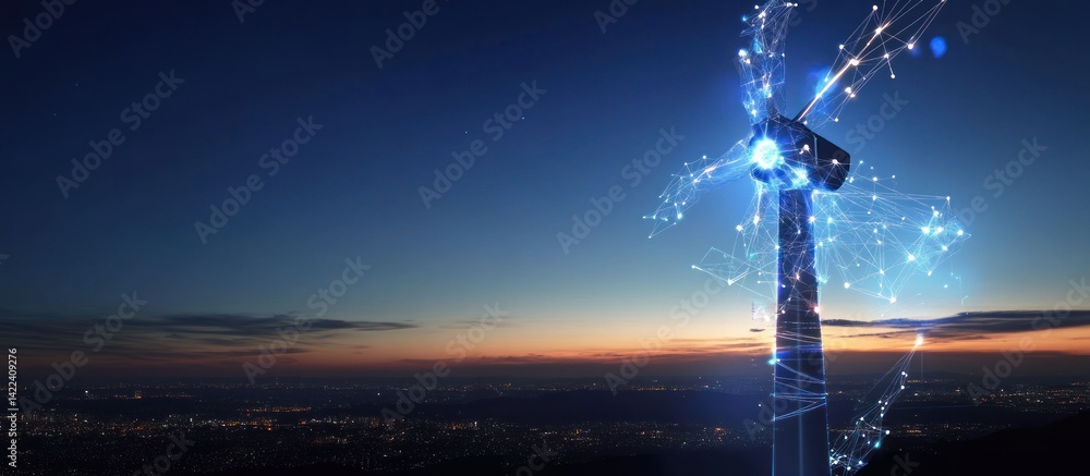 Obraz premium Futuristic Wind Turbine at Sunset: A Vision of Clean Energy