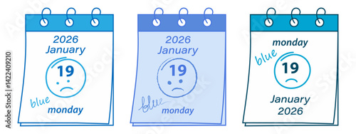 2026 January 19 Spring bound Calendar pages with Hand drawn text and sad smile Greeting Design Set