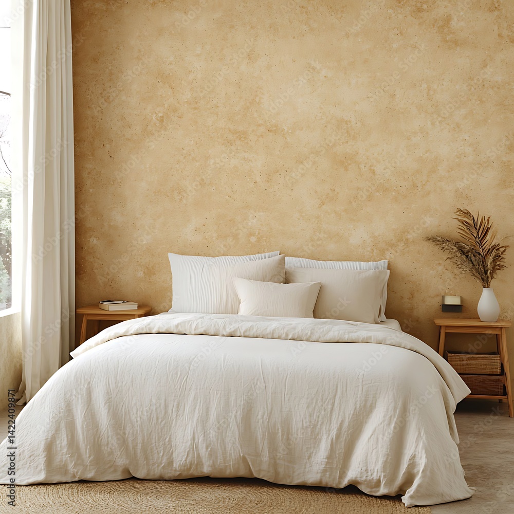Minimalist Bedroom Interior Design with Natural Light, Beige Walls, White Bedding, and Wooden Accents for Relaxation and Comfort.