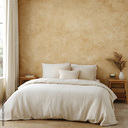 Obraz na płótnie Minimalist Bedroom Interior Design with Natural Light, Beige Walls, White Bedding, and Wooden Accents for Relaxation and Comfort. w salonie
