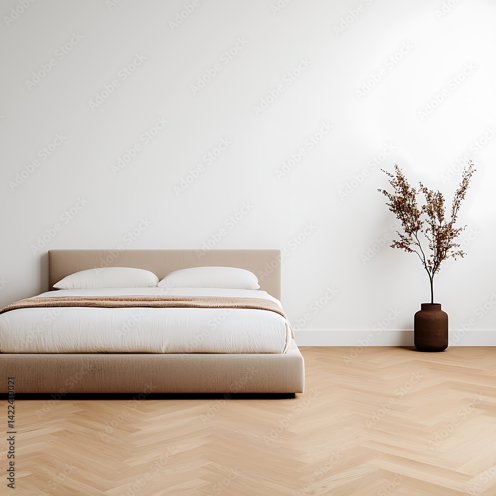 Minimalist bedroom interior featuring a modern bed, simple white wall, and natural wooden floor for a peaceful atmosphere.