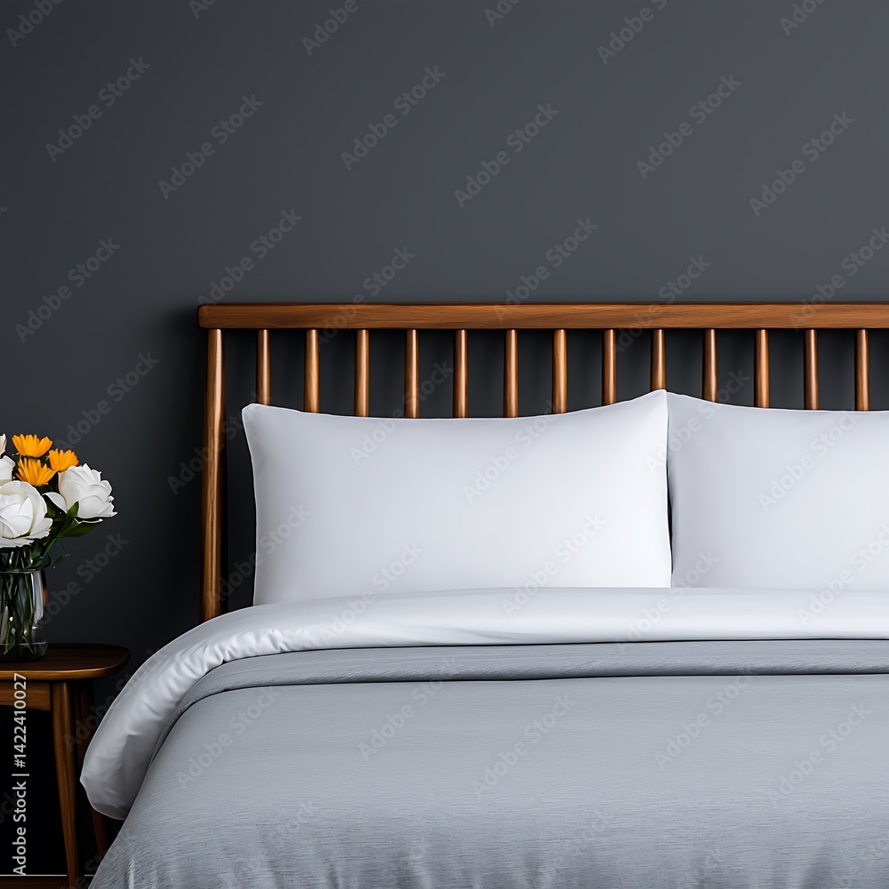 Minimalist bedroom interior featuring white pillows, a gray duvet, a wooden headboard, bedside table and a floral arrangement.