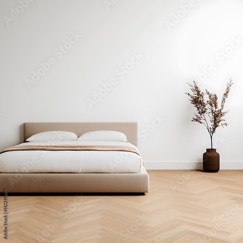 Obraz na płótnie Minimalist bedroom interior featuring a modern bed, simple white wall, and natural wooden floor for a peaceful atmosphere. w salonie