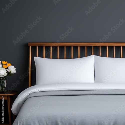 Obraz na płótnie Minimalist bedroom interior featuring white pillows, a gray duvet, a wooden headboard, bedside table and a floral arrangement. w salonie