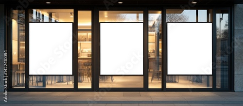 Blank Signage on Modern Restaurant Storefront at Night