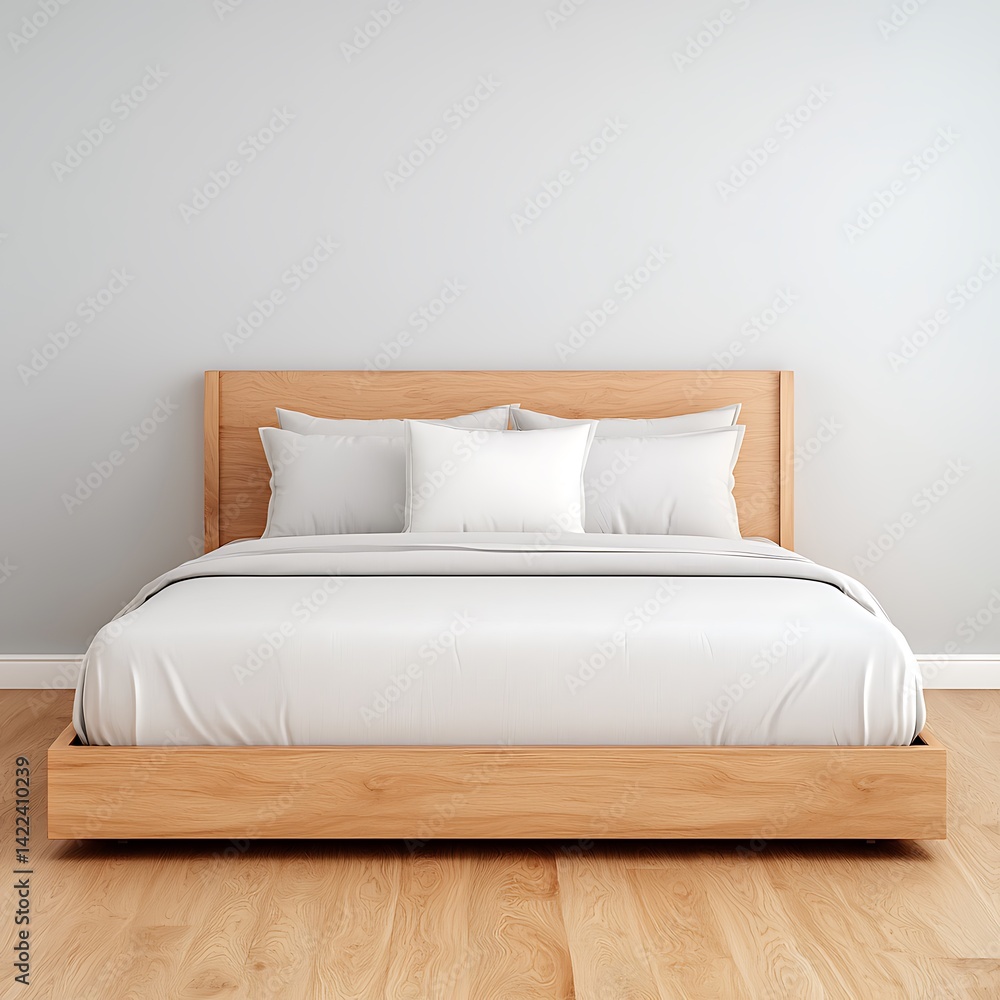 Minimalist Bedroom Interior: Platform Bed with White Linens and Natural Wood Floor for a Relaxing Atmosphere