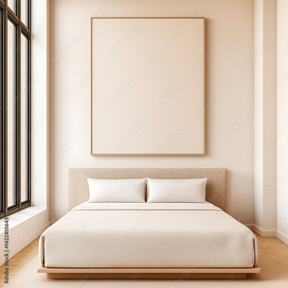 Minimalist Bedroom with a Large Window and Neutral Palette, Featuring a Bed and Wall Art for a Calming Aesthetic.