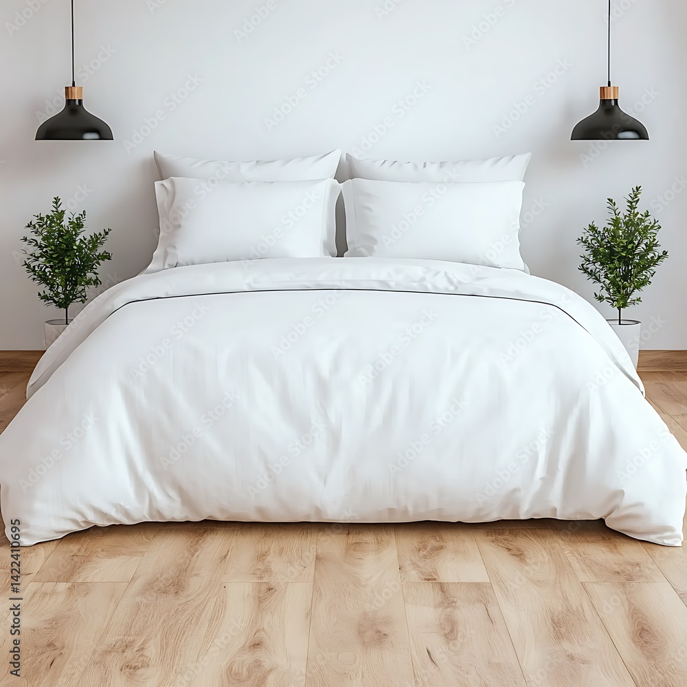 Minimalist Bedroom with White Bedding, Wooden Floor, Potted Plants, and Hanging Lamps for Interior Design Inspiration.