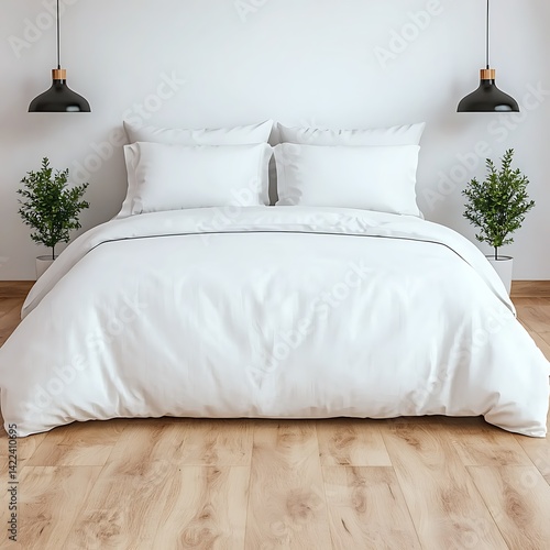 Obraz na płótnie Minimalist Bedroom with White Bedding, Wooden Floor, Potted Plants, and Hanging Lamps for Interior Design Inspiration. w salonie