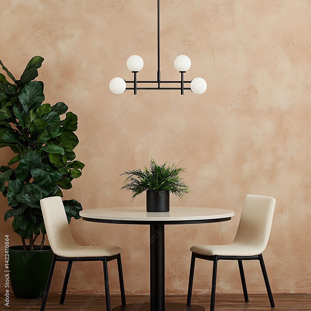 Minimalist Dining Room Interior with Round Table, Modern Chandelier, Potted Plant, and Neutral Color Scheme for Cozy Living Space.