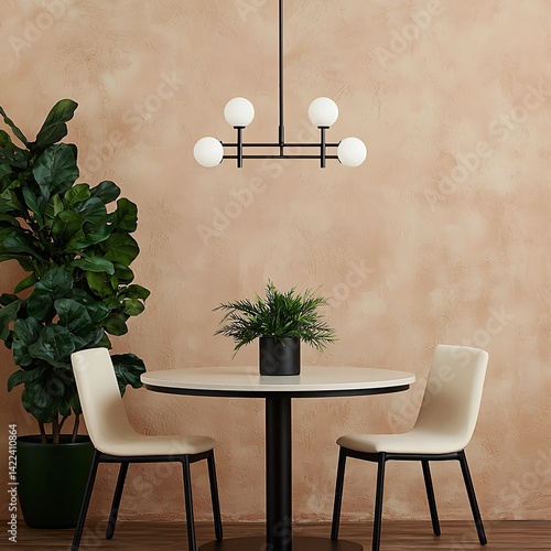 Obraz na płótnie Minimalist Dining Room Interior with Round Table, Modern Chandelier, Potted Plant, and Neutral Color Scheme for Cozy Living Space. w salonie