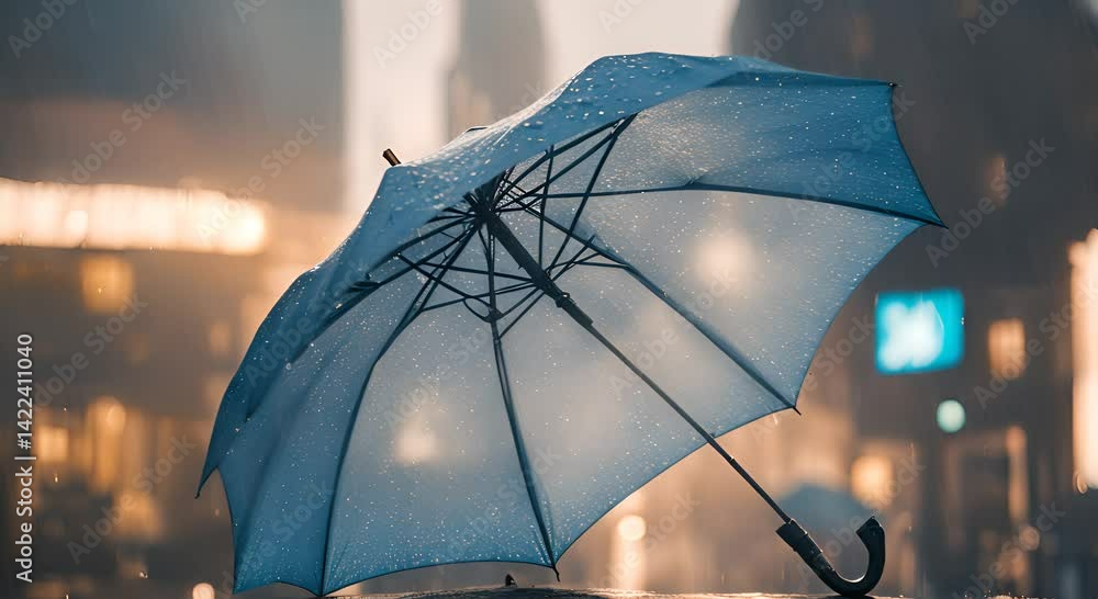 Close up of blue umbrella with heavy rain 4K