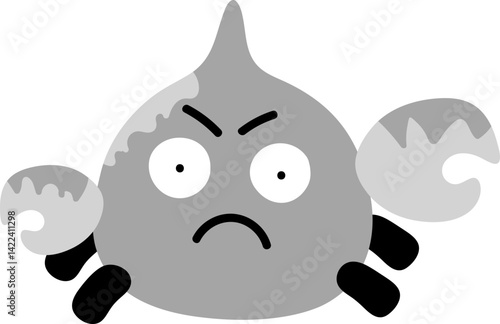 A cartoonish, gray crab with a frowning expression, featuring large eyes and distinctive claws, giving off a comical yet grumpy vibe.