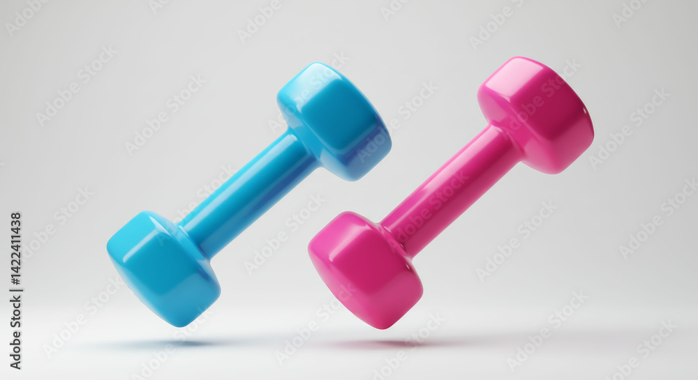A dynamic composition featuring two dumbbells – one in a striking electric blue and the other in a hot pink – suspended in mid-air against a stark white backdrop. A dynamic composition featuring two dumbbells – one in a striking electric blue and the other in a hot pink – suspended in mid-air against a stark white backdrop.