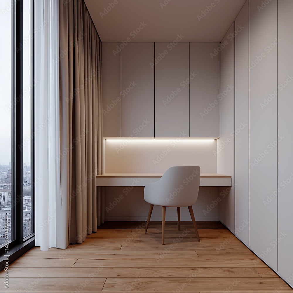 Minimalist Home Office Nook with City View, Light Wood Desk, Contemporary Chair, Neutral Tones, and Natural Light.