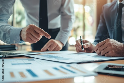 Businessman highlights document while colleague takes notes in modern office setting