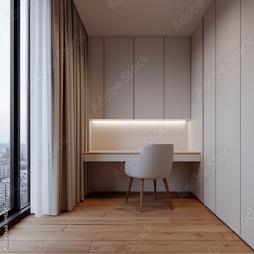 Obraz na płótnie Minimalist Home Office Nook with City View, Light Wood Desk, Contemporary Chair, Neutral Tones, and Natural Light. w salonie