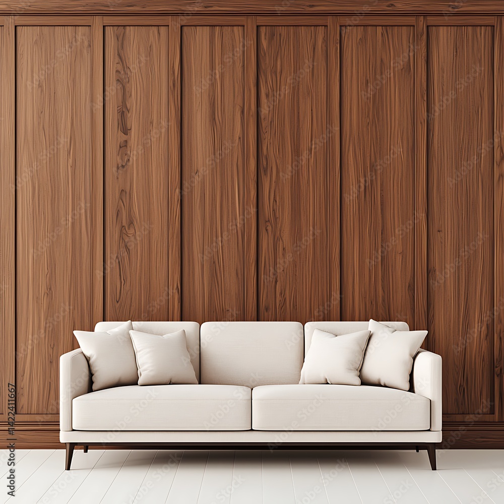 Minimalist Interior Design: Elegant Cream Sofa Against a Rich Brown Wood Panel Wall for Stylish Living Room Decor