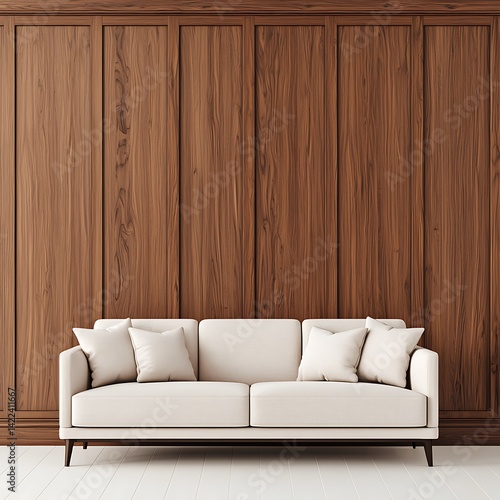 Obraz na płótnie Minimalist Interior Design: Elegant Cream Sofa Against a Rich Brown Wood Panel Wall for Stylish Living Room Decor w salonie