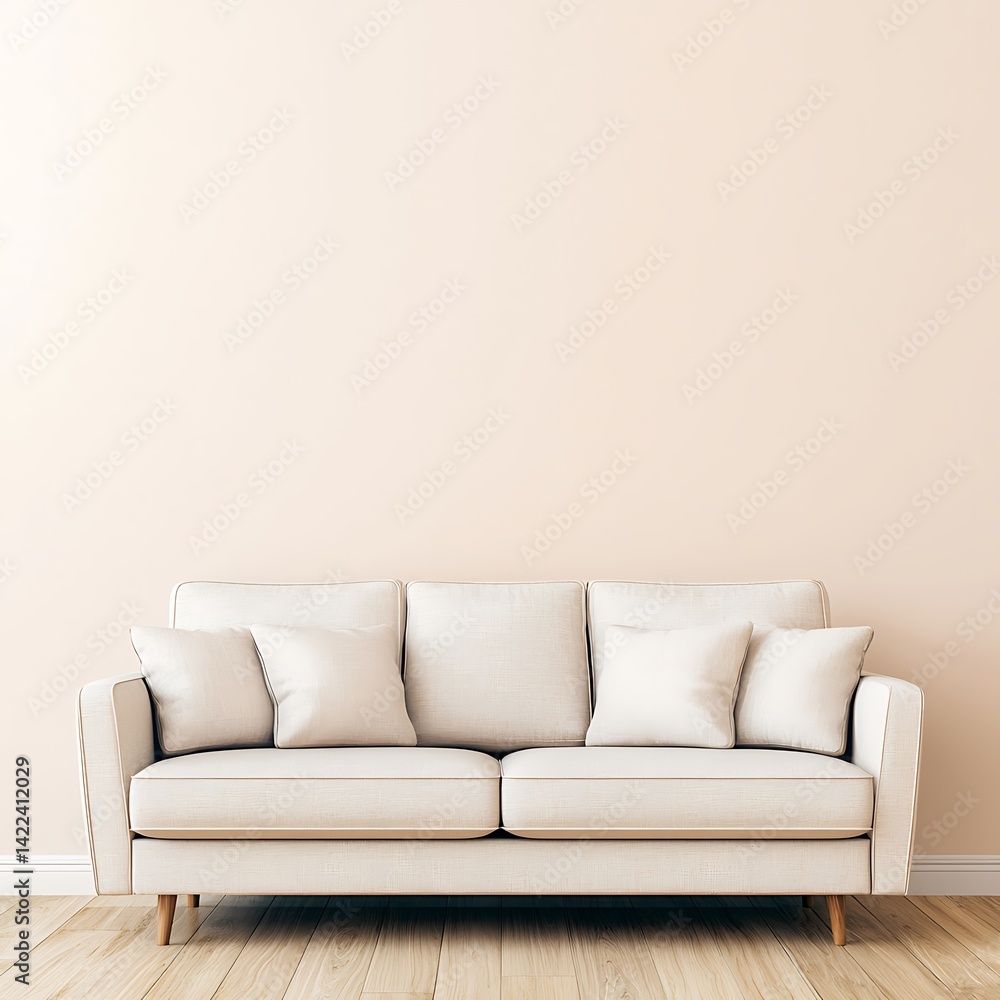 Minimalist interior with light-colored sofa and neutral wall providing a peaceful and inviting atmosphere for relaxation at home.