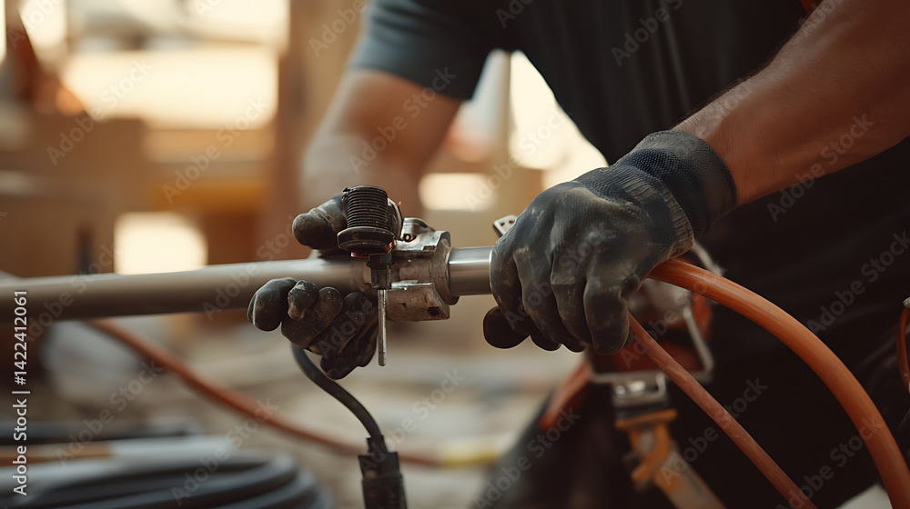 Fototapeta premium Worker Using Pneumatic Tool in Industrial Setting