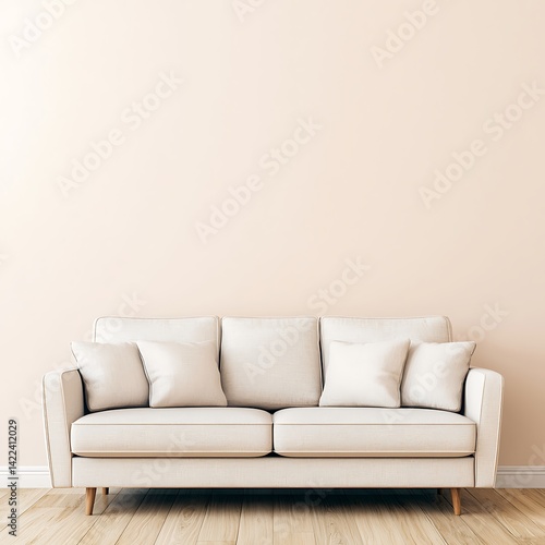 Obraz na płótnie Minimalist interior with light-colored sofa and neutral wall providing a peaceful and inviting atmosphere for relaxation at home. w salonie