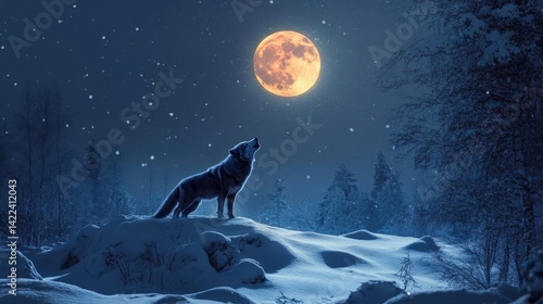 Wallpaper Mural A lone wolf howls at the full orange moon in the winter Torontodigital.ca