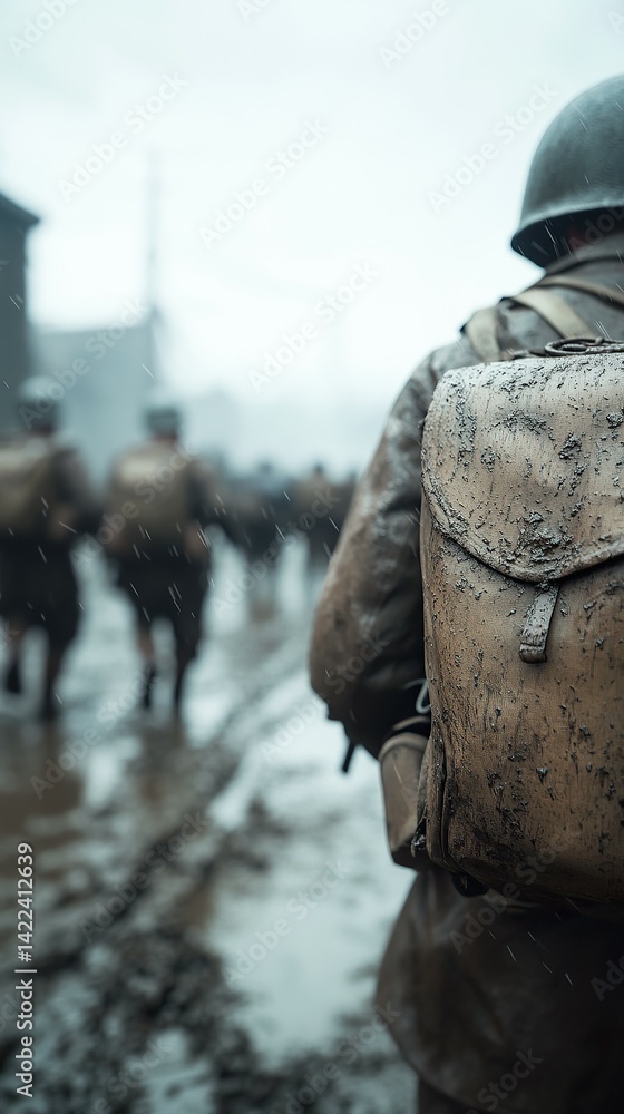 Mud-covered soldier with pack marches in the rain, focus on dirt and struggle, others follow in the mist. Mud-covered soldier with pack marches in the rain, focus on dirt and struggle, others follow in the mist.