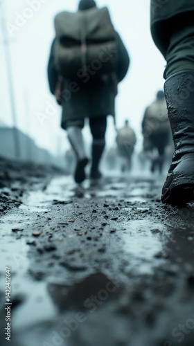 Figures trudge through mud, boots reflecting the overcast sky. A path of resilience and determination.