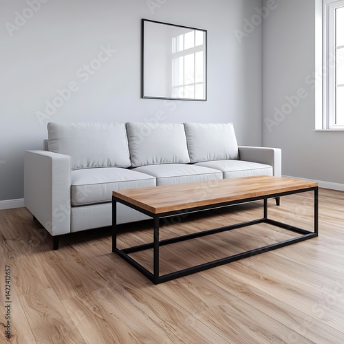 Obraz na płótnie Minimalist living area showcases a light grey couch with wooden table on wooden floors against grey walls. w salonie