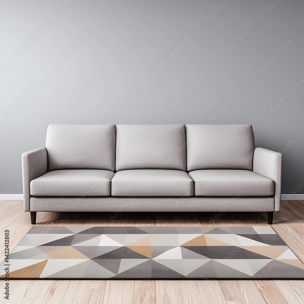 Minimalist living room featuring a light sofa, patterned rug, and neutral wall, creating a clean and modern aesthetic.