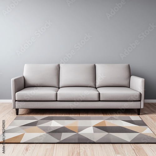Minimalist living room featuring a light sofa, patterned rug, and neutral wall, creating a clean and modern aesthetic.