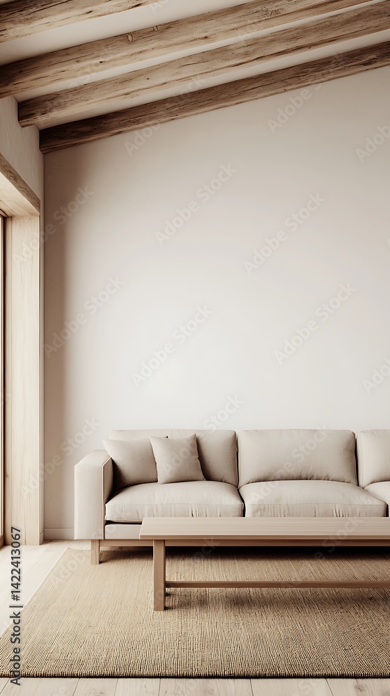 Minimalist Living Room Interior with Neutral Tones, Wooden Beams, and Comfortable Sofa Creating a Serene and Calm Atmosphere.