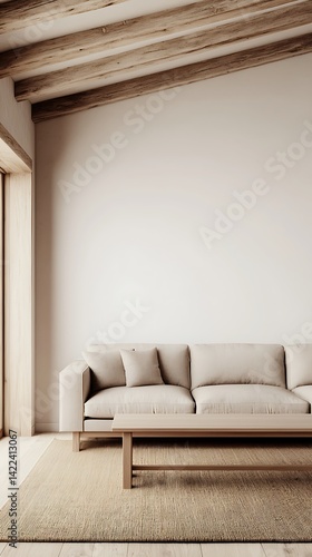 Obraz na płótnie Minimalist Living Room Interior with Neutral Tones, Wooden Beams, and Comfortable Sofa Creating a Serene and Calm Atmosphere. w salonie