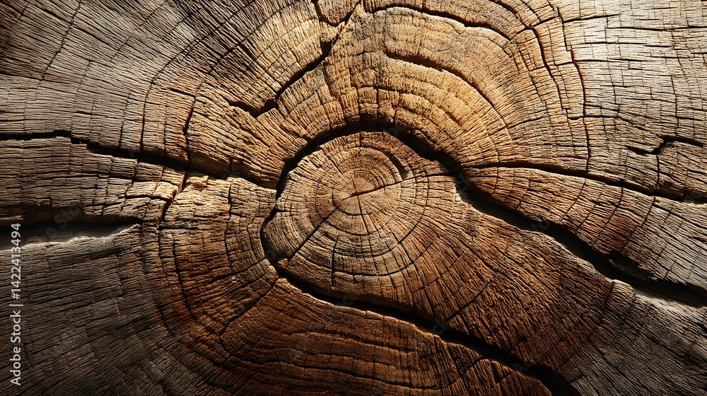 Fototapeta premium Close-up view of a weathered tree stump's intricate growth rings.
