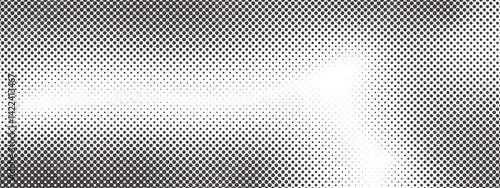 Halftone texture with gradient in grunge style. Faded dotted background spots. Black retro geometric pattern in manga, anime style. Dotted gradient in pop art style. Vector illustration.