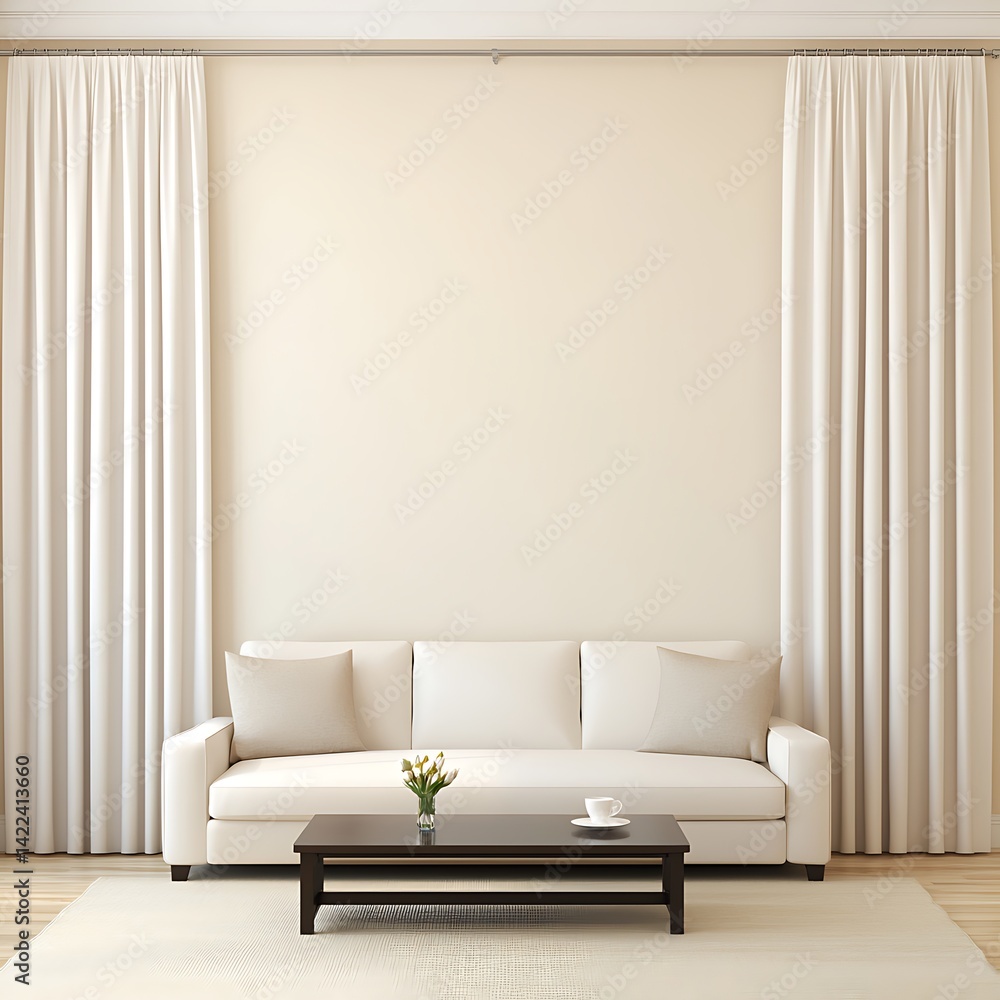 Minimalist Living Space: Elegant White Sofa, Neutral Wall, Wooden Floor, Cream Rug, Coffee Table with Flowers and Curtains.