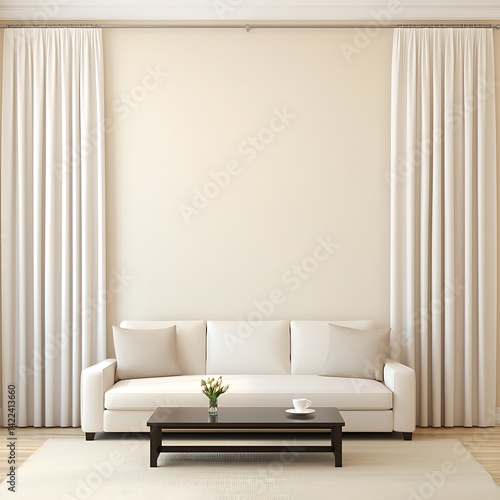 Obraz na płótnie Minimalist Living Space: Elegant White Sofa, Neutral Wall, Wooden Floor, Cream Rug, Coffee Table with Flowers and Curtains. w salonie