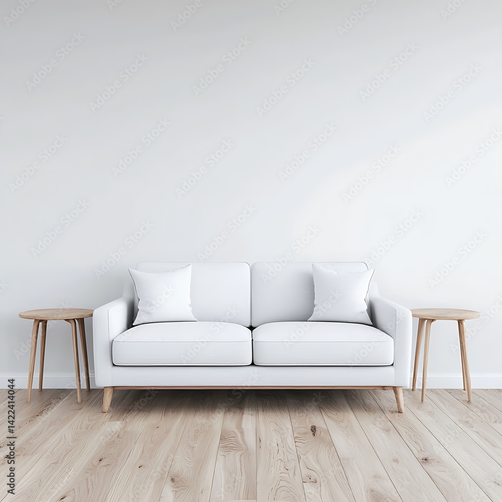 Minimalist White Sofa with Wooden Side Tables Against a White Wall and Light Hardwood Flooring in a Bright Room.
