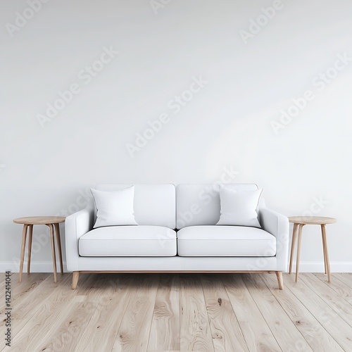 Obraz na płótnie Minimalist White Sofa with Wooden Side Tables Against a White Wall and Light Hardwood Flooring in a Bright Room. w salonie