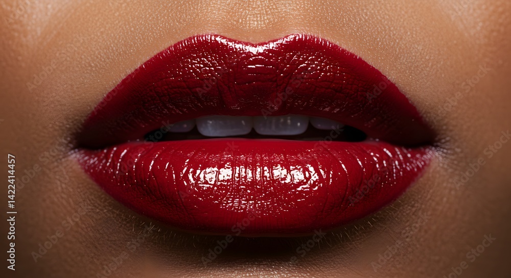 Fototapeta premium Red lipstick close up beauty makeup glossy lips fashion style cosmetic product glamour smile teeth