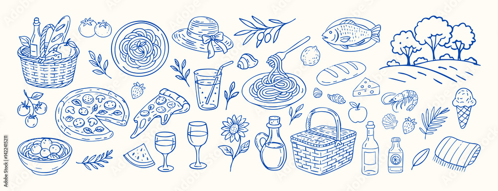 Fototapeta premium A blue and white drawing of food and drink items. Dolce vita. The drawing is of a picnic italian summer scene with a basket of food and drinks