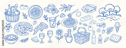 A blue and white drawing of food and drink items. Dolce vita. The drawing is of a picnic italian summer scene with a basket of food and drinks